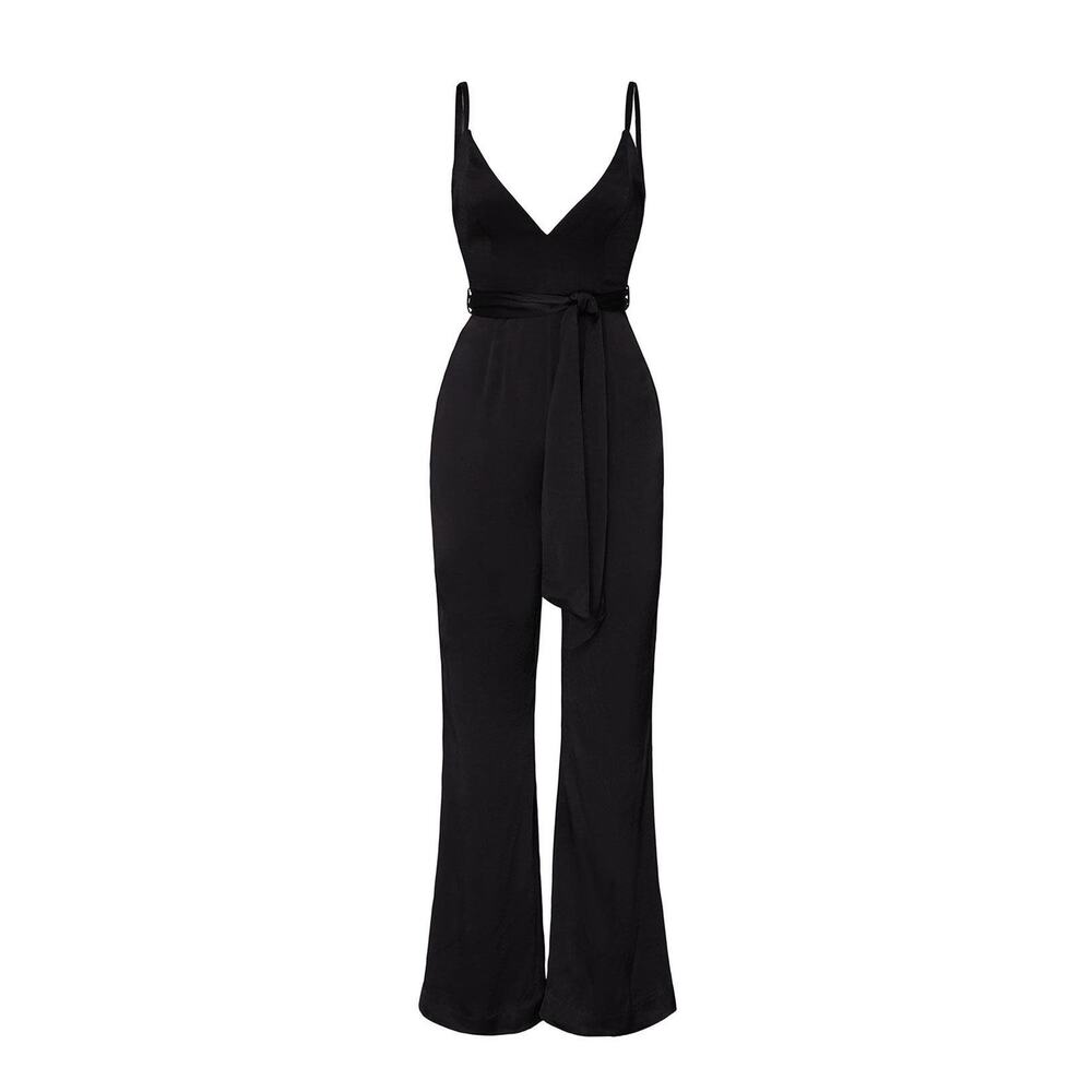 Fame and Partners Benton Black Satin Tie Waist Sleeveless Jumpsuit Size 6 - Picture 5 of 15